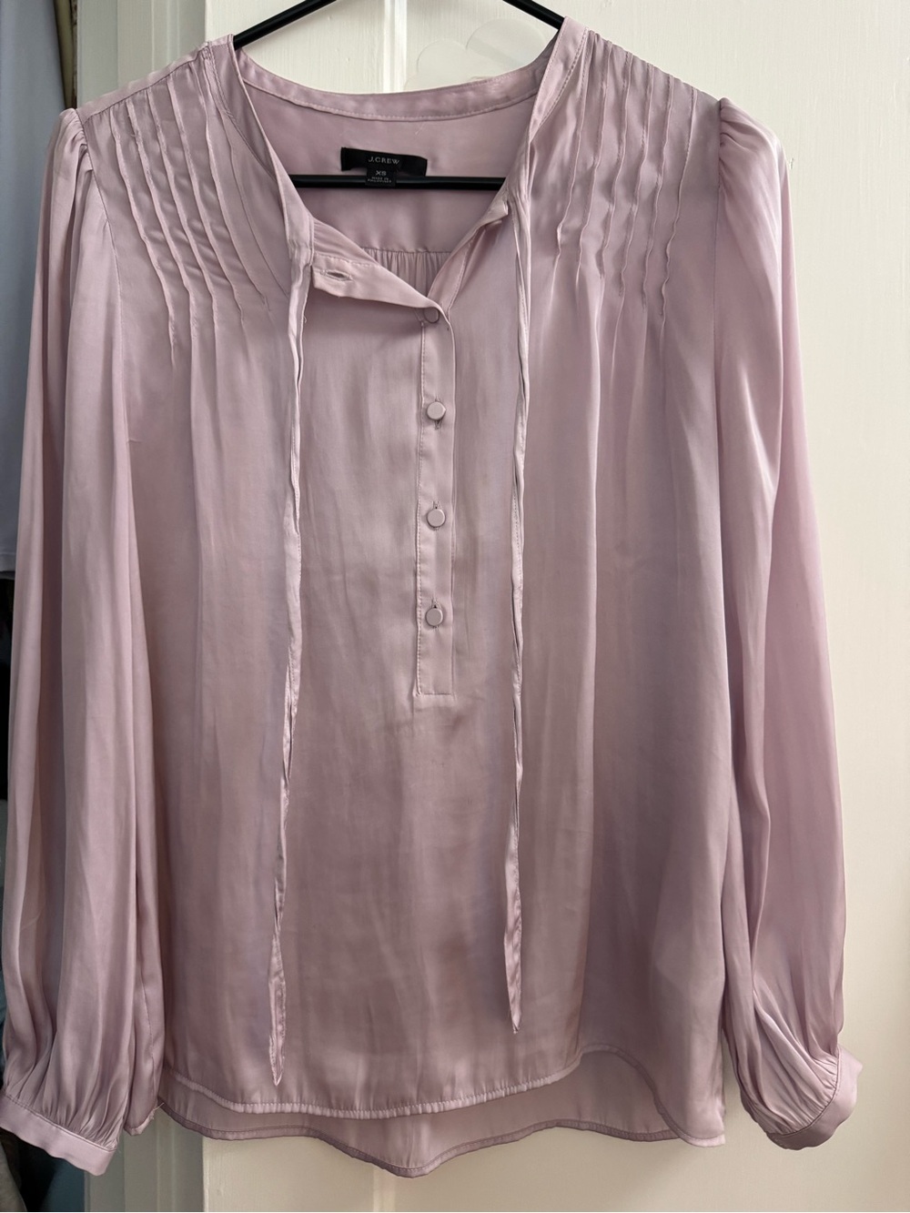 J. Crew Pale Lilac Silk Pintuck Tie-Neck Blouse